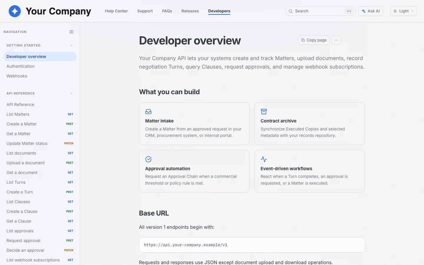 Your Company developer documentation in light mode